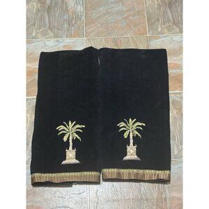 Set Of 2 Avanti Black Bath Towels Embroidered Banana Palm Tree Tropical Beach